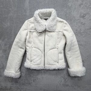 Bebe Jacket Womens XS White Faux Fur Trim Fleece Lined Short Full Zip Warm